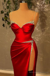 Burgundy Spaghetti-Straps Mermaid Evening Dress Sleeveless With Slit Beads